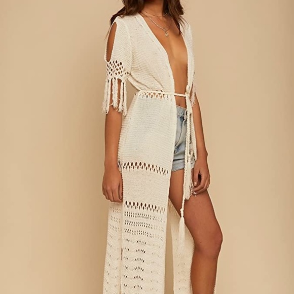 Other - Womens Crochet Tie Fringed Long Kimono Coverup OSFM